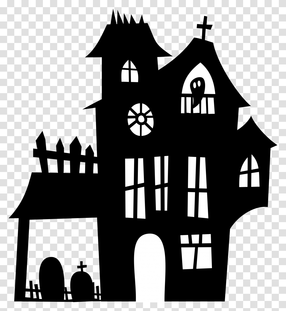 Haunted House Clip Art Haunted House Clipart Black And White, Silhouette, Stencil, Building, Architecture Transparent Png