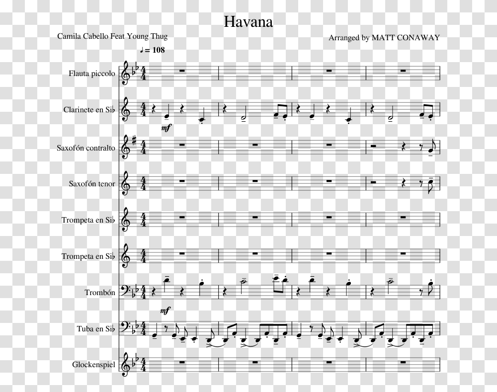 Havana Sheet Music For Clarinet Piccolo Alto Saxophone One Day When We Were Young Score, Gray, World Of Warcraft Transparent Png