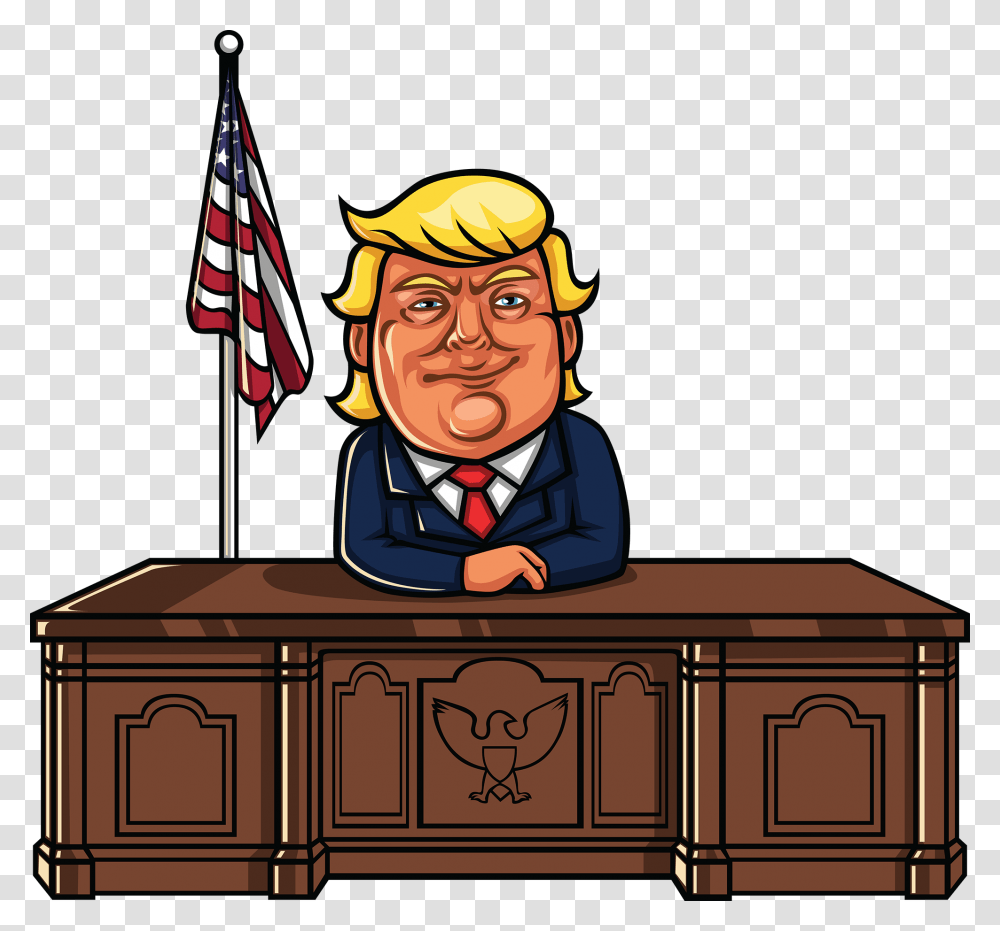 He's Not Focussing On The Policy Under Discussion Folks Cartoon Donald Trump Sitting At Desk, Person, Human, Judge, Flag Transparent Png