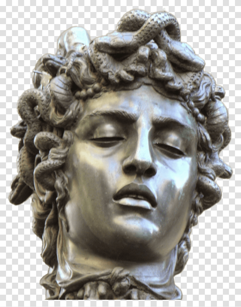 Head Of Medusa With Closed Eyes Medusa Head Statue, Sculpture, Person, Human Transparent Png