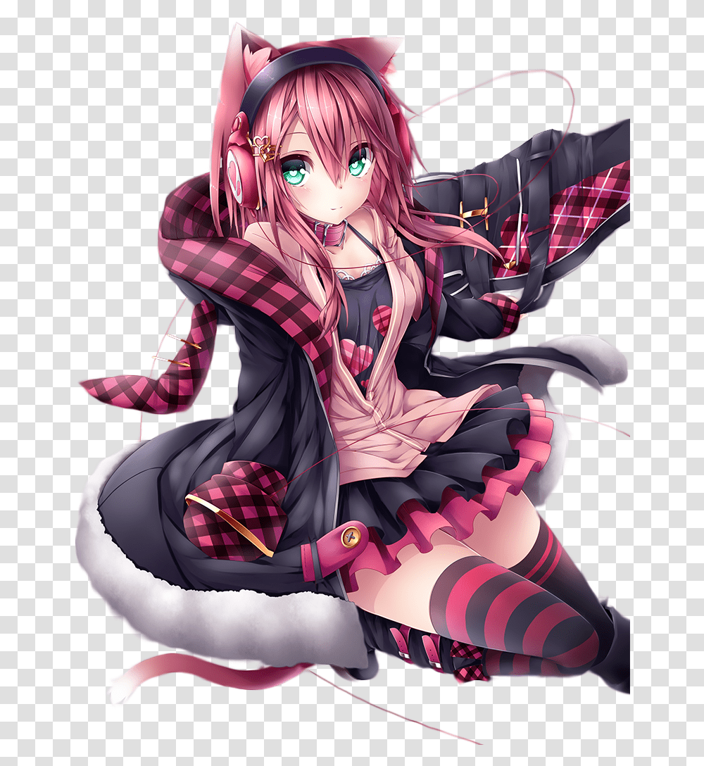 Headphone Cat Anime Girl With Pink Hair And Cat Ears, Manga, Comics, Book, Person Transparent Png