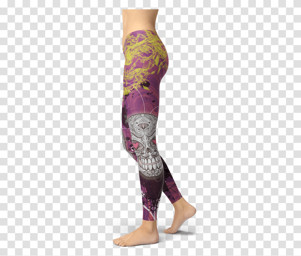 Heart Sugar Skull Leggings Gold Skull Pink Purple Yoga Yoga Pants, Skin, Person, Arm Transparent Png