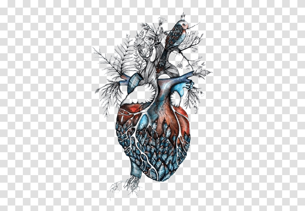 Heart Surreal Anatomical Heart And Bird, Skin, Doodle, Drawing, Crystal Transparent Png