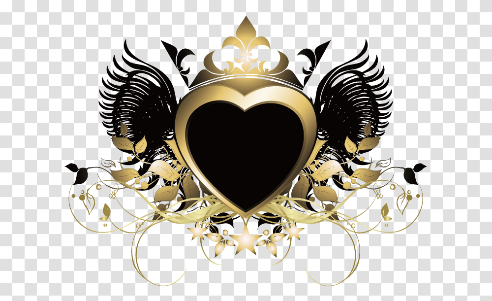 Heart Wings Crown Gold Goldandblack Swirls Decor Decoration Portable Network Graphics, Emblem, Lamp Transparent Png