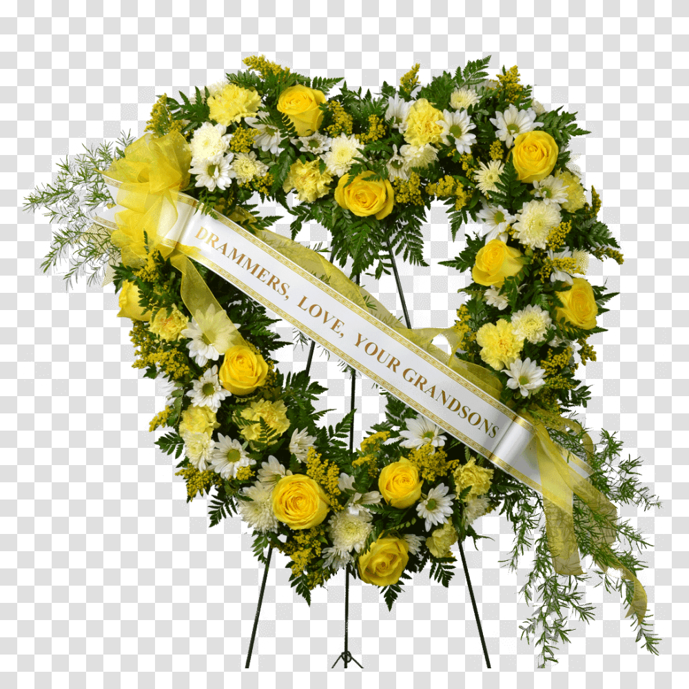 Heart Wreath For Funeral Funeral Flower Ribbon Message, Plant, Blossom, Flower Arrangement, Ornament Transparent Png