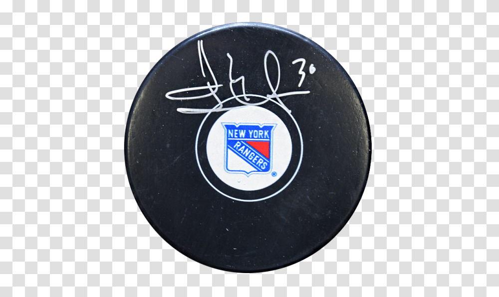 Henrik Lundqvist Signed New York Rangers Hockey Puck Vertical, Logo, Symbol, Trademark, Emblem Transparent Png