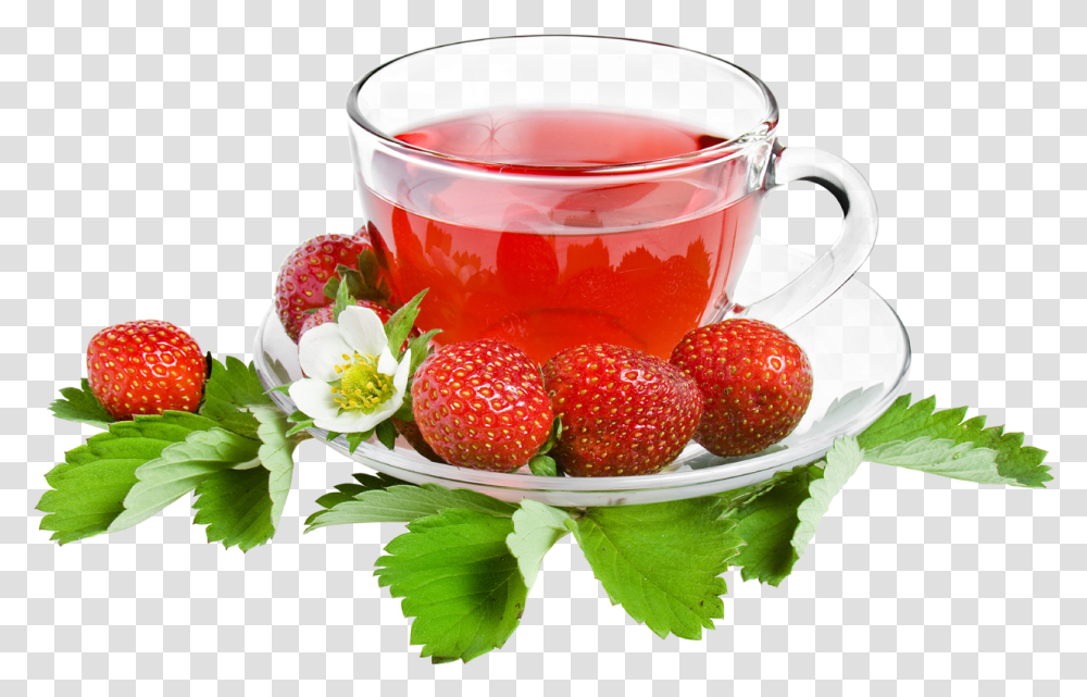 Herbal Green Leaf With Tea Cup Strawberry Tea, Plant, Saucer, Pottery, Beverage Transparent Png
