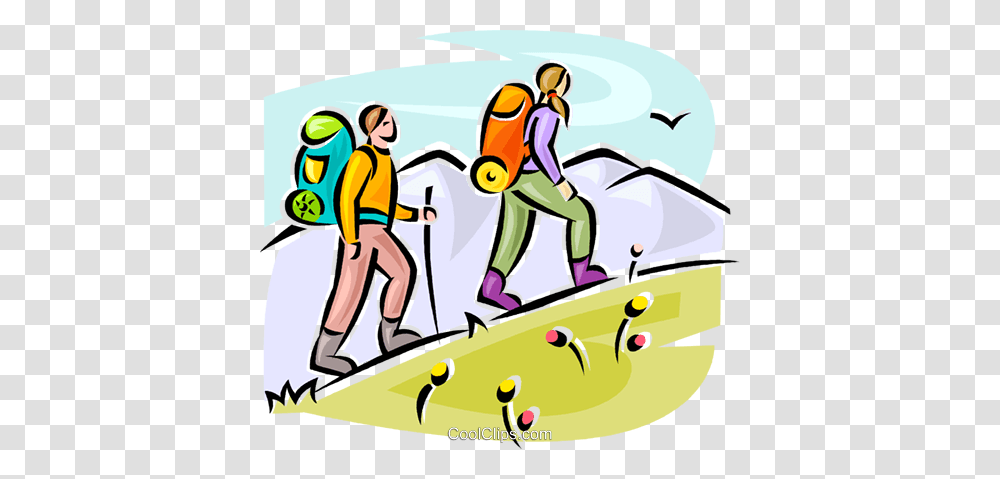 Hikers Walking Up Hill Royalty Free Vector Clip Art Illustration, Person, Outdoors, Bird, People Transparent Png