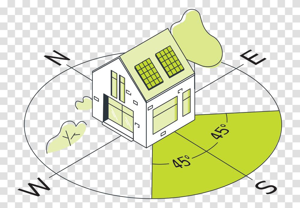 Home With Solar Panels And Compass Showing Different House With Solar And Pool, Housing, Building, Urban, Diagram Transparent Png