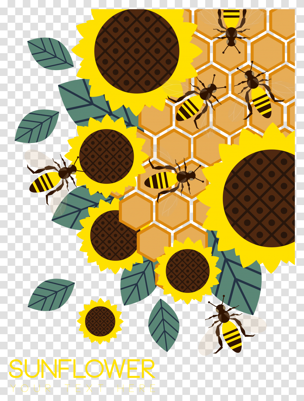 Honeycomb Vector Bee Design Beehive And Sunflower Vector, Pattern, Food, Meal Transparent Png