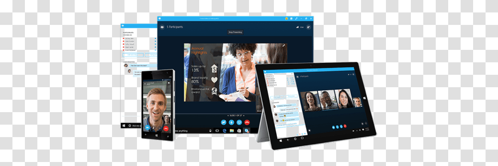 Hosted Skype For Business Skype For Business Features Video Conference, Person, Computer, Electronics, Tablet Computer Transparent Png