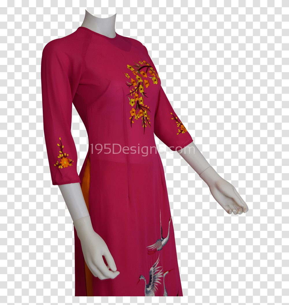 Hot Pink Ao Dai Apricot Blossom Flower Bird New Year, Sleeve, Apparel, Long Sleeve Transparent Png