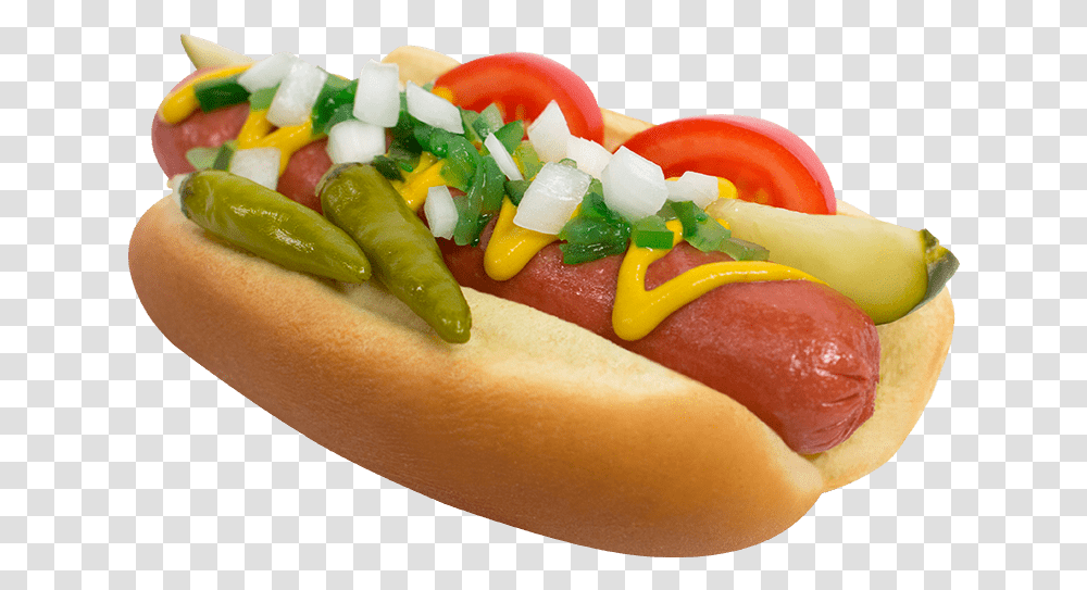 Hotdog In Bun With Condiments, Hot Dog, Food Transparent Png