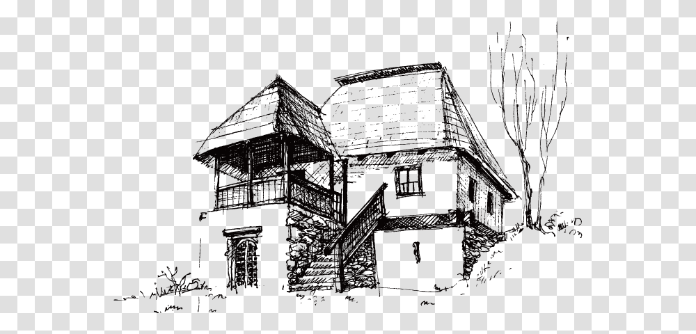 House Drawing Sketch Buildings Sketch, Nature, Outdoors, Housing, Countryside Transparent Png