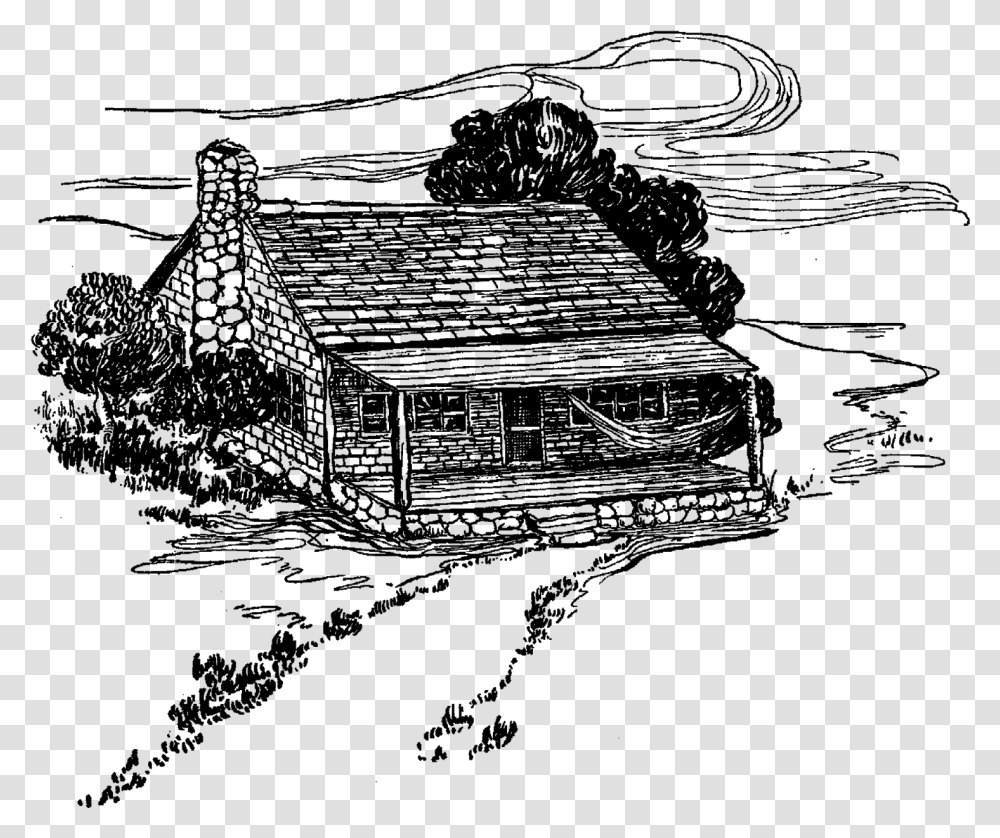 House Log Cabin Illustration Drawing Digital Download Vintage Log Cabin Illustration, Gray, World Of Warcraft Transparent Png