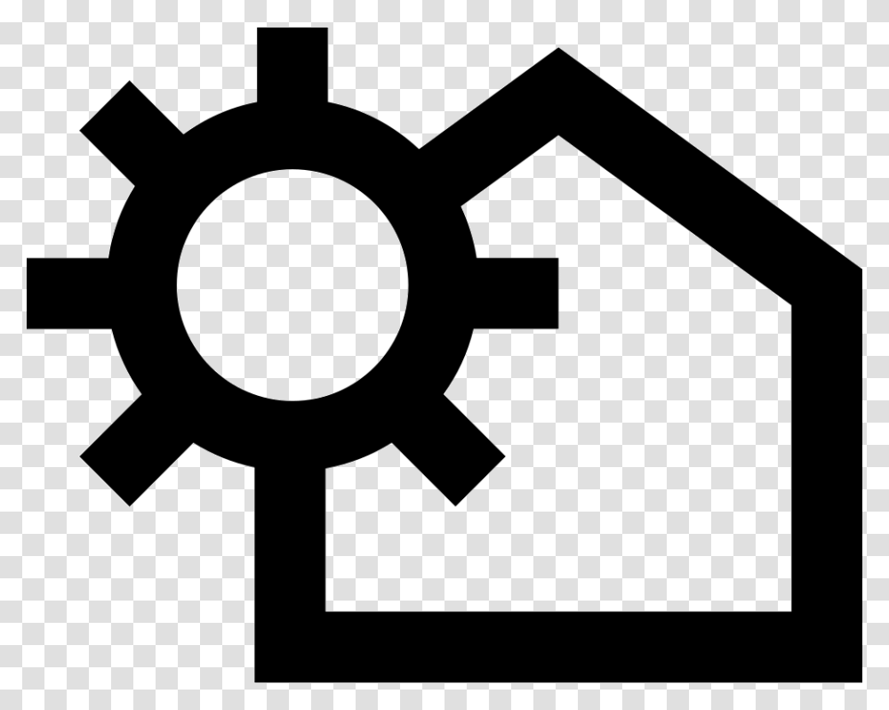 House Outline Variant With Sun Settings Symbol, Cross, Silhouette, Machine, Gear Transparent Png