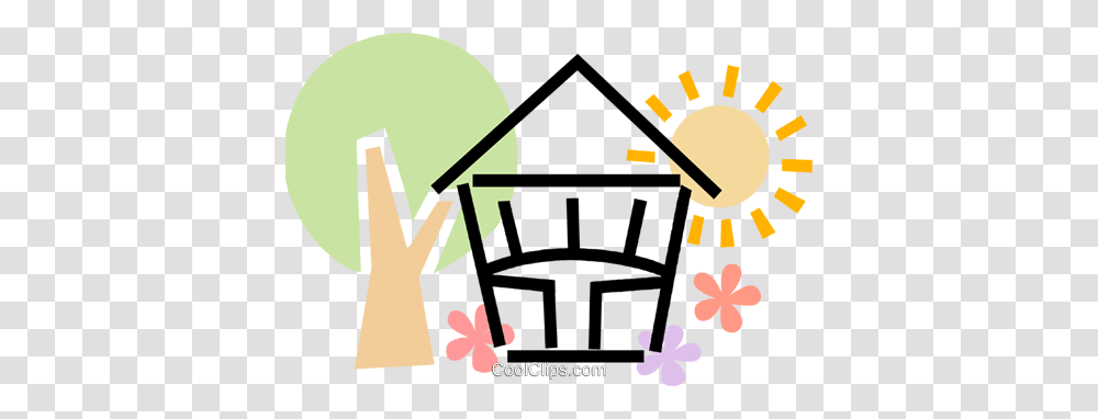 House With Tree Flowers And The Sun Royalty Free Vector Clip Art, Vehicle, Transportation, Furniture, Urban Transparent Png