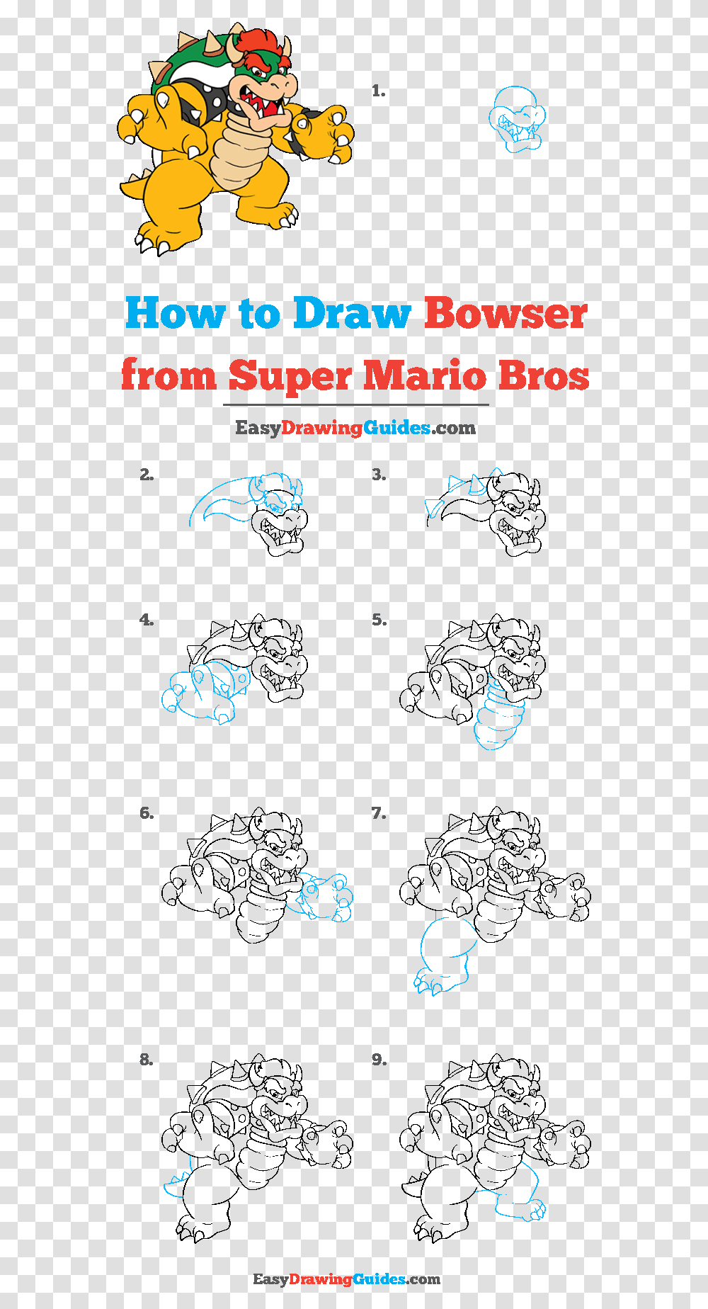 How To Draw Bowser From Super Mario Bros Draw Bowser Step By Step, Alphabet, Number Transparent Png