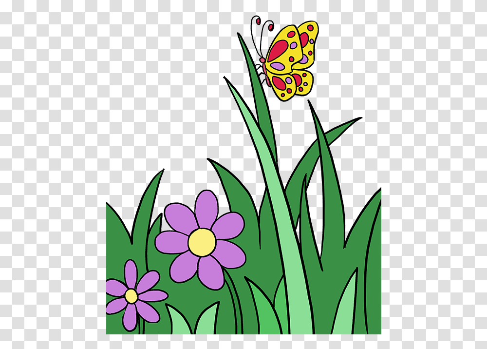 How To Draw Butterfly Garden Flower With Butterfly Drawing, Plant, Blossom Transparent Png