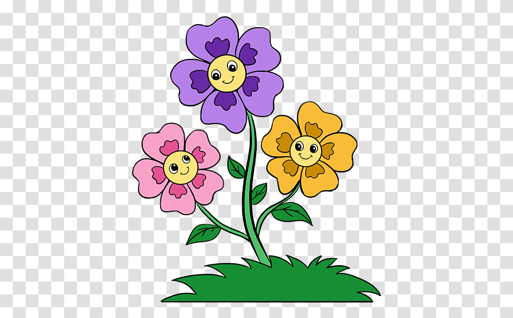 How To Draw Cartoon Flowers Easy Step By Step Drawing Easy Flower Drawing Cartoon, Plant, Floral Design, Pattern Transparent Png