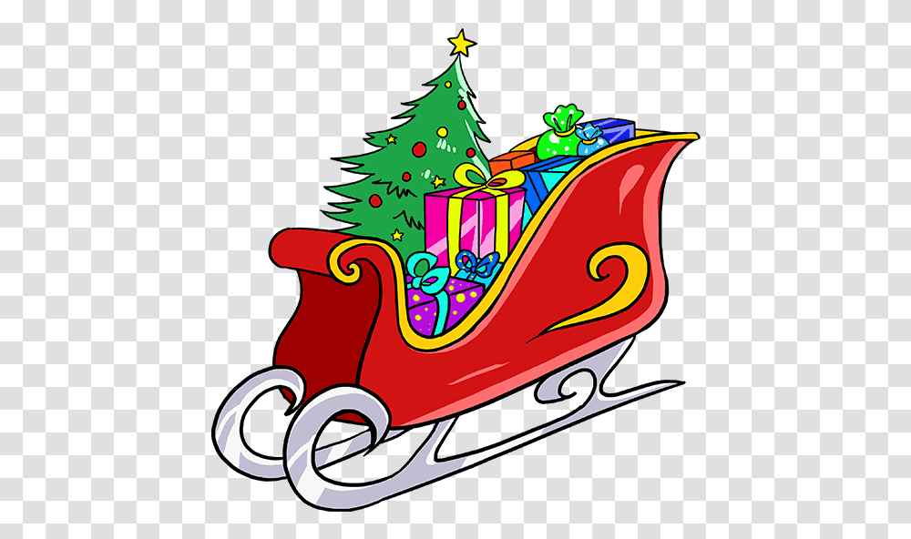 How To Draw Santa's Sleigh Santas Sleigh Step By Step Easy, Tree, Plant, Ornament, Christmas Tree Transparent Png