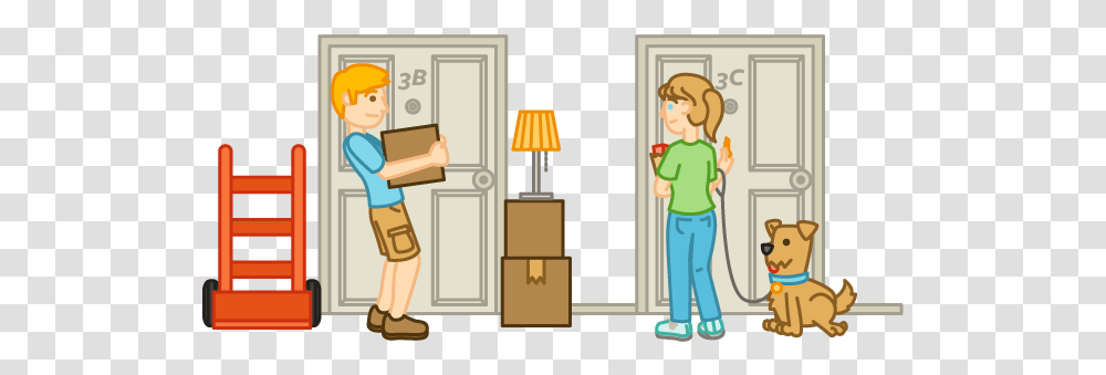 How To Meet Your New Neighbors Moveline New Neighbors Clipart, Person, Table Lamp, Door, Carton Transparent Png
