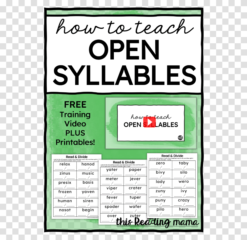 How To Teach Open Syllables Poster, Word, Label, First Aid Transparent Png