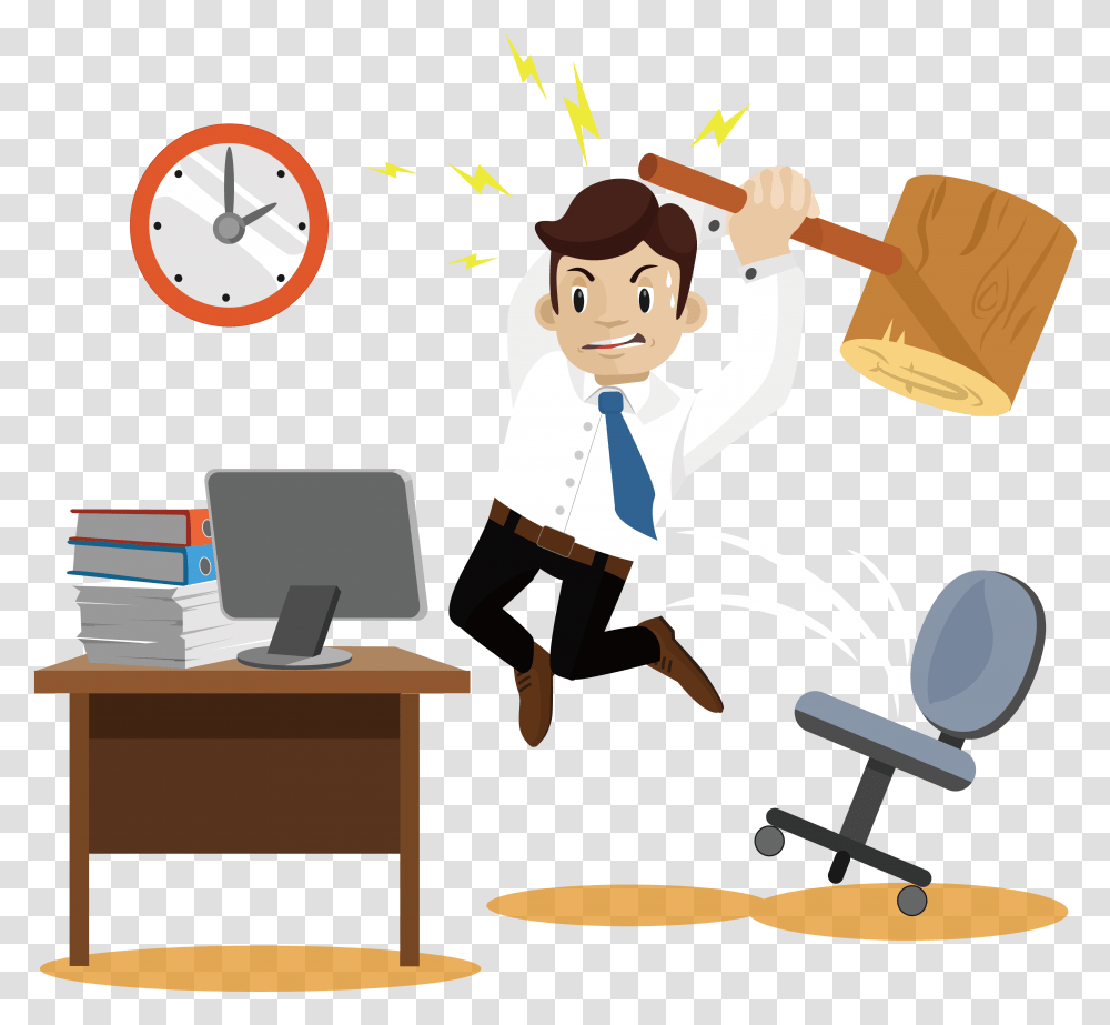 Humans Clipart Office Person Business Man Angry Free, Sitting, Furniture, Standing, Table Transparent Png