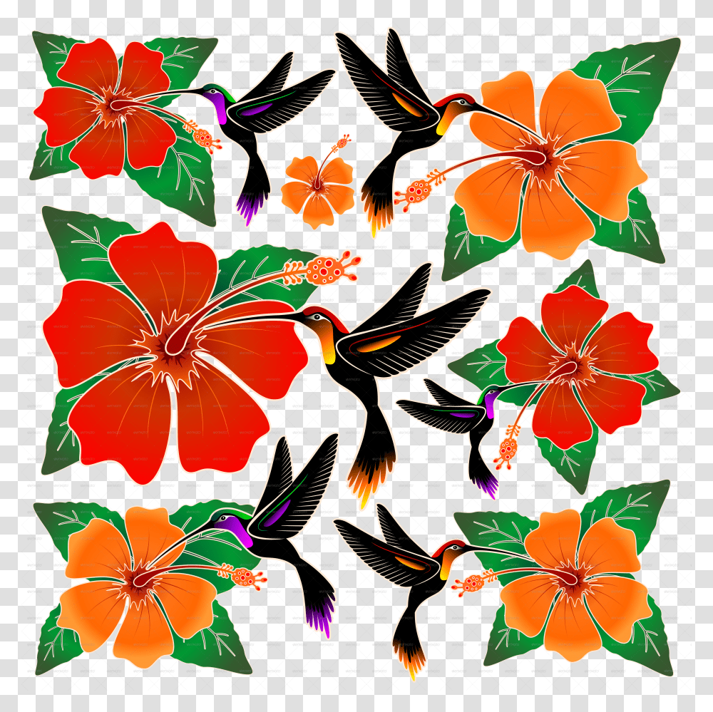 Hummingbird And Hibiscus Batik Pattern Batik Flora Dan Fauna Transparent Png