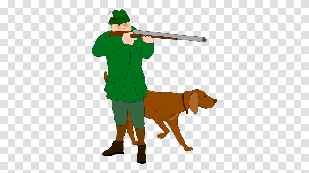 Hunter With Scent Hound Vector Clip Art, Person, Gun, Weapon Transparent Png