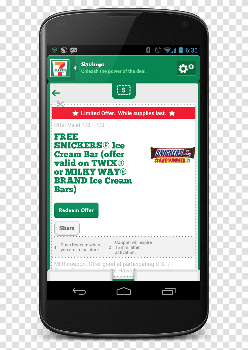 Hurry For Your Free Snickers Ice Cream Bar While Supplies 7 Eleven App Coupon, Mobile Phone, Electronics, Cell Phone Transparent Png