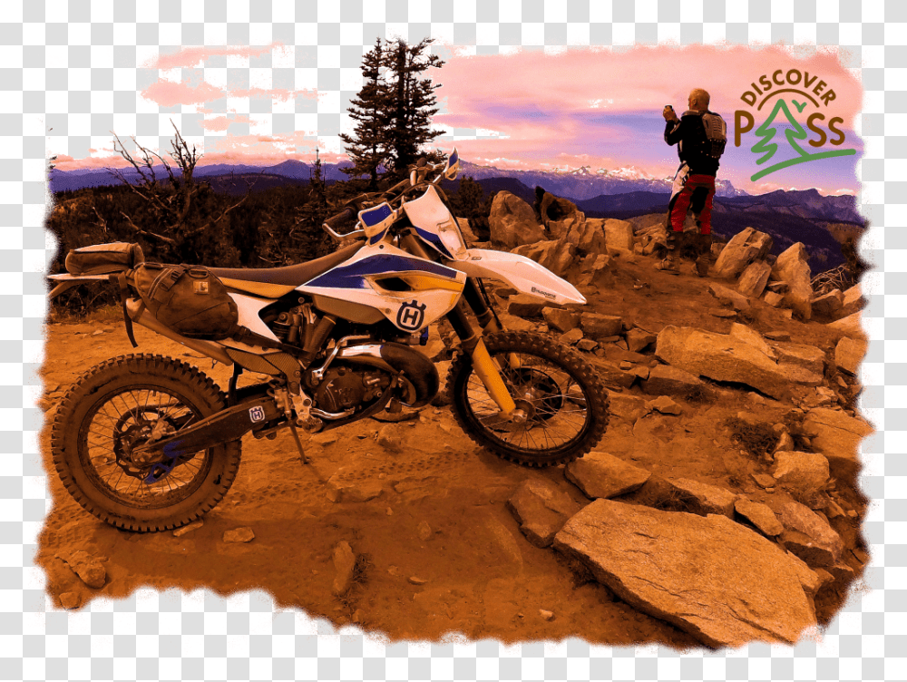 Husqvarna Motorcycle And Rider On Scenic Mountaintop, Vehicle, Transportation, Person, Wheel Transparent Png