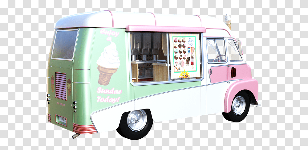 Ice Cream Truck Snack Food Cold Sweet Treat Ice Cream Van, Vehicle, Transportation, Caravan, Person Transparent Png