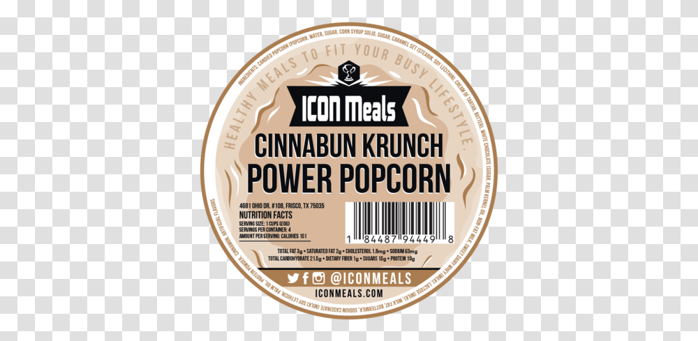 Icon Meals Protein Popcorn Cinnabun Language, Label, Text, Building, Food Transparent Png