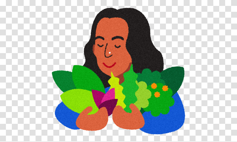Illustrated Woman Smelling Fresh Leafy Greens Illustration, Rug, Face Transparent Png