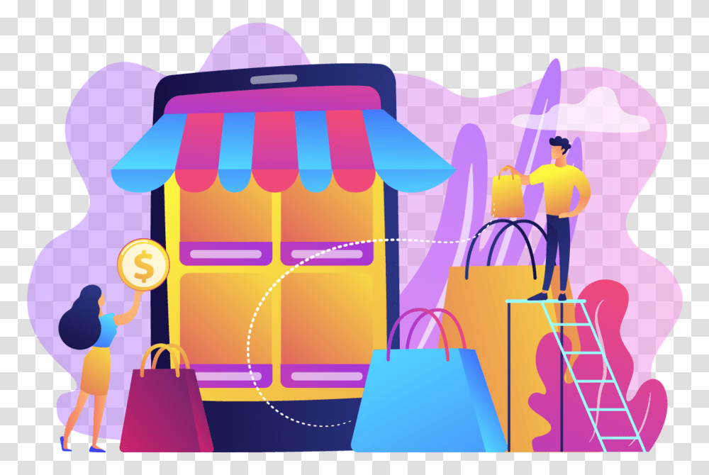Illustration Banner Tiny People Bright Online Shop Banner Header, Bag, Person, Human, Shopping Bag Transparent Png
