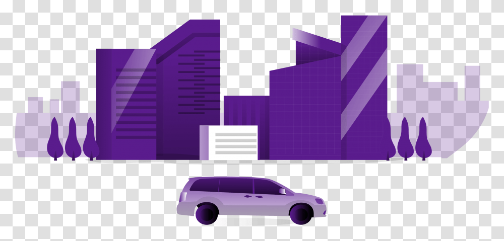 Illustration Of A Car Driving Through The City With Minivan, Vehicle, Transportation, Purple Transparent Png