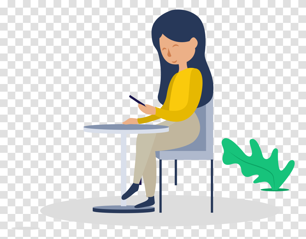 Illustration Of A Woman Sitting Holding Her Phone Clipart Person Holding Phone Clipart, Furniture, Table, Reading, Word Transparent Png