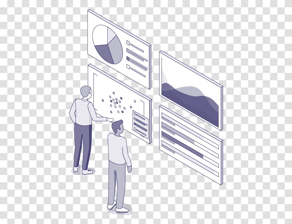 Illustration Of Two People Looking At Statistics On Display Device, White Board, Advertisement, Screen Transparent Png