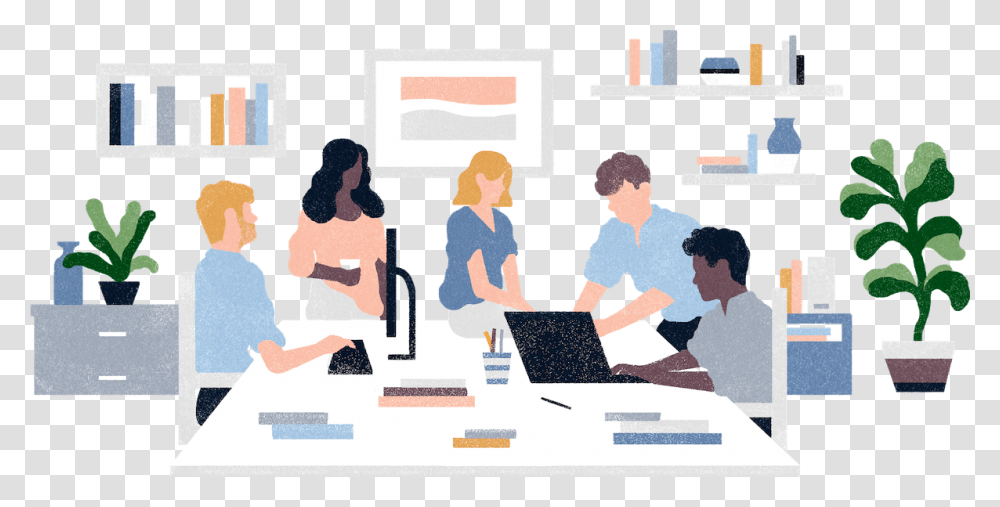 Illustration Showing Several People Working In An Open Several People, Sitting, Person, Poster, Advertisement Transparent Png