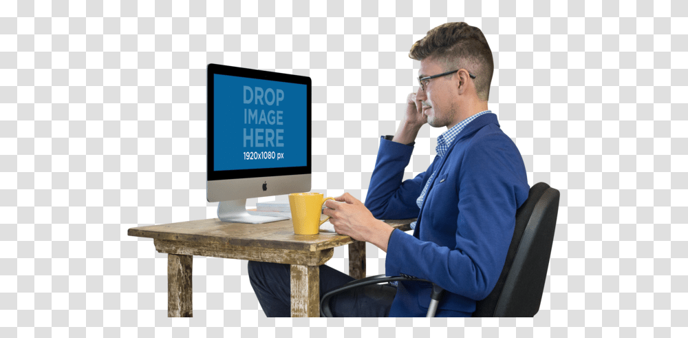 Imac Mockup Featuring A Working Man Wearing Glasses Man Working On Computer, Person, Sitting, LCD Screen, Monitor Transparent Png
