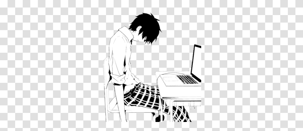 Image About Black And White In M O N C H R E Anime Tired Anime Boy, Person, Pc, Computer, Electronics Transparent Png
