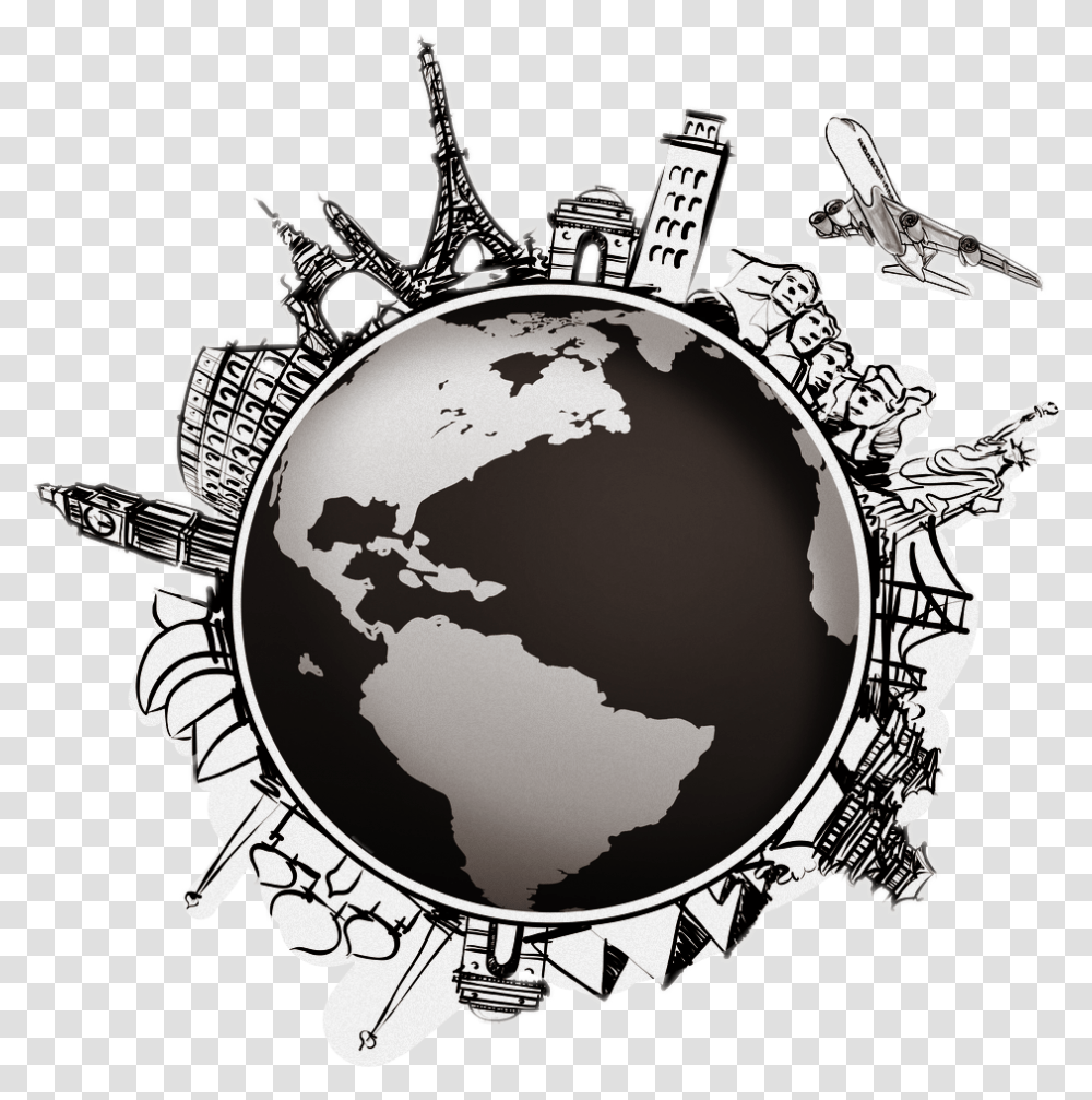 Image Library World Globe Map Compass Travel Globe Black And White, Astronomy, Outer Space, Universe, Planet Transparent Png