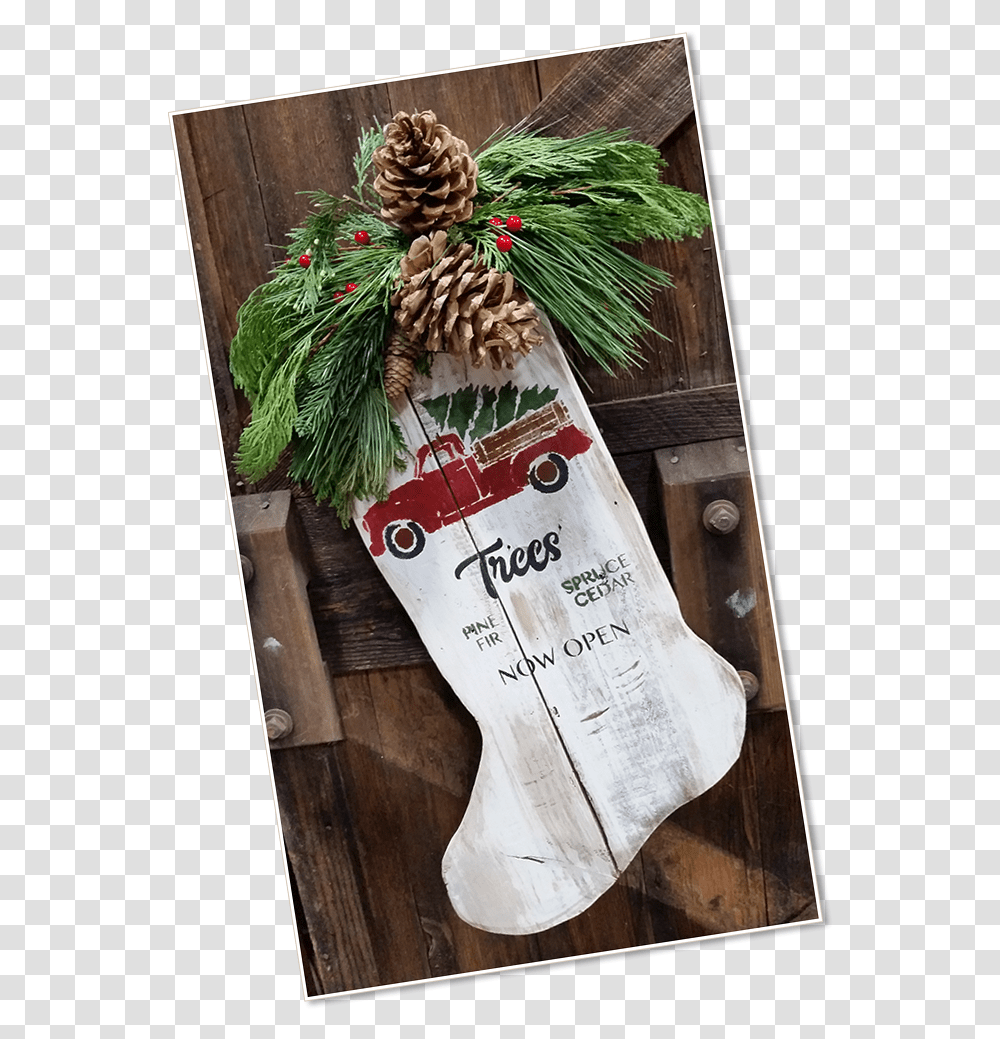 Image Of A Wooden Holiday Stocking Christmas Stocking, Plant, Tree, Pine, Bird Transparent Png