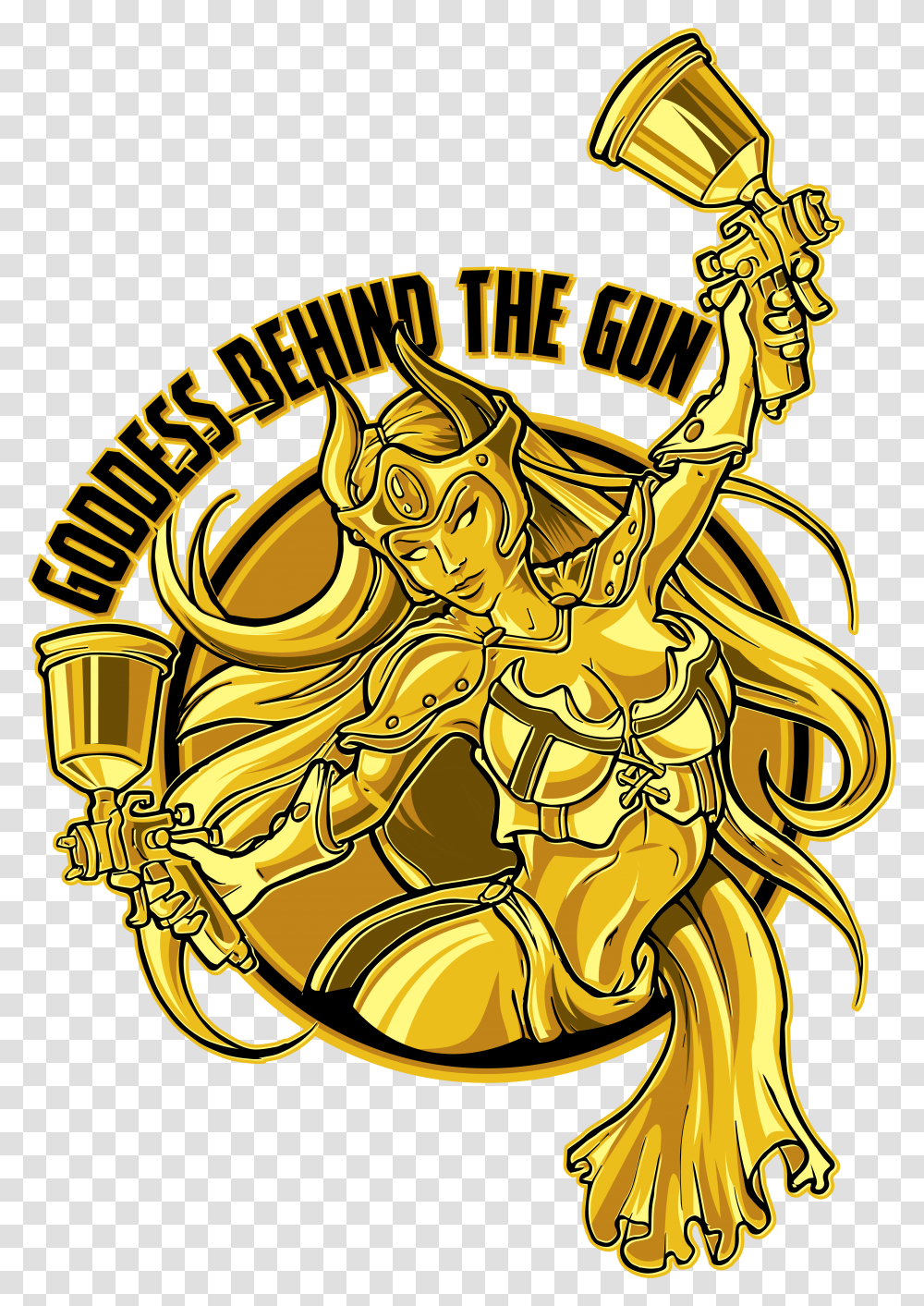 Image Of Goddess Behind The Gun Slap Set Illustration, Dragon, Gold Transparent Png