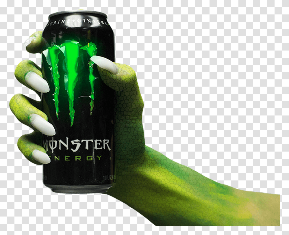 Image Of Monster Arm Holding A Can Of Monster Energy, Green, Beverage, Bottle, Alcohol Transparent Png