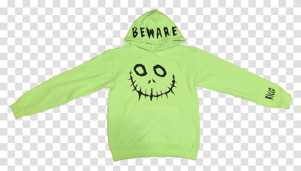 Image Of Neon Green Beware Hoodie Sweater, Apparel, Sweatshirt, Person Transparent Png