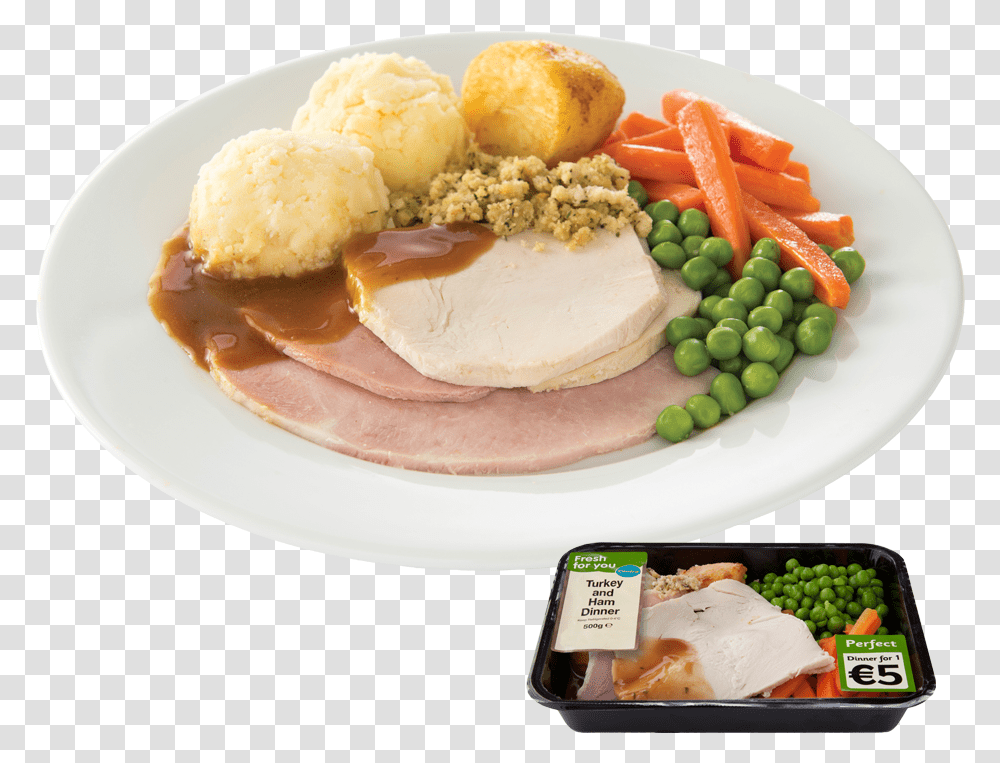 Image Of Turkey Dinner Roast Turkey And Ham, Food, Meal, Dish, Plant Transparent Png