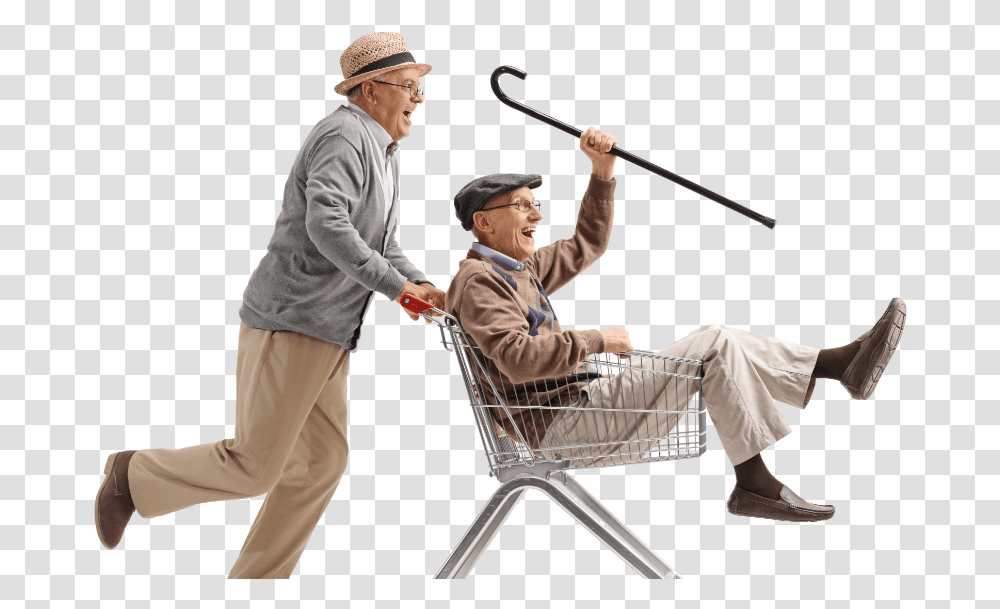 Image Old Man In Shopping Trolley, Person, Pants, Shoe Transparent Png