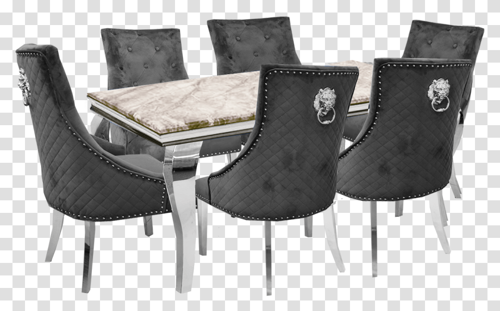 Imperial White Smoke Dining Table 16m With 6 Grey Plush Lion Duke Chairs Club Chair, Furniture, Tabletop, Armchair, Purse Transparent Png